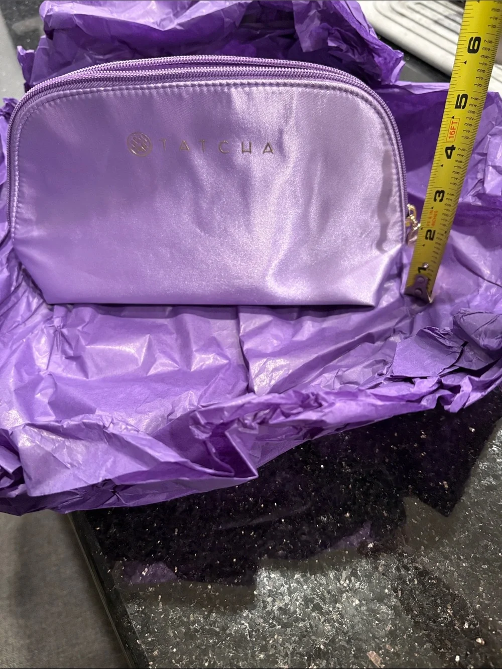 Tatcha Lavender Satin Cosmetic Pouch with Gold Logo
